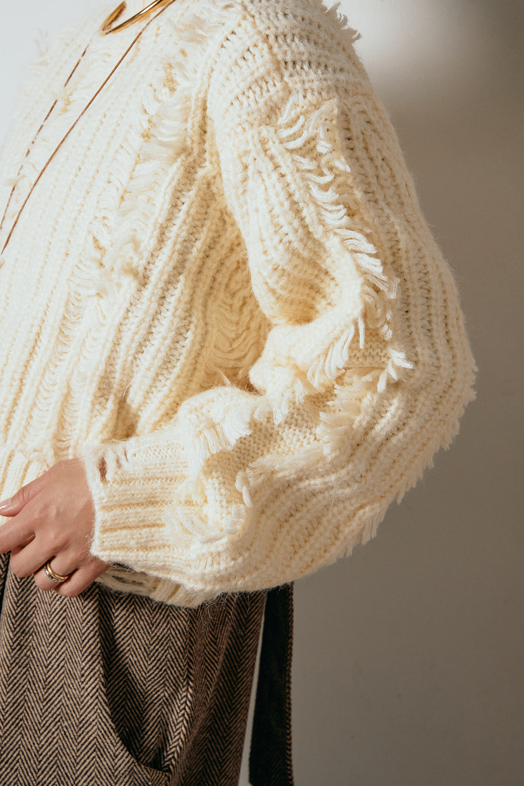 [SET]フリンジタートルショートニット+サイドボタンツイードタックパンツ(2set)