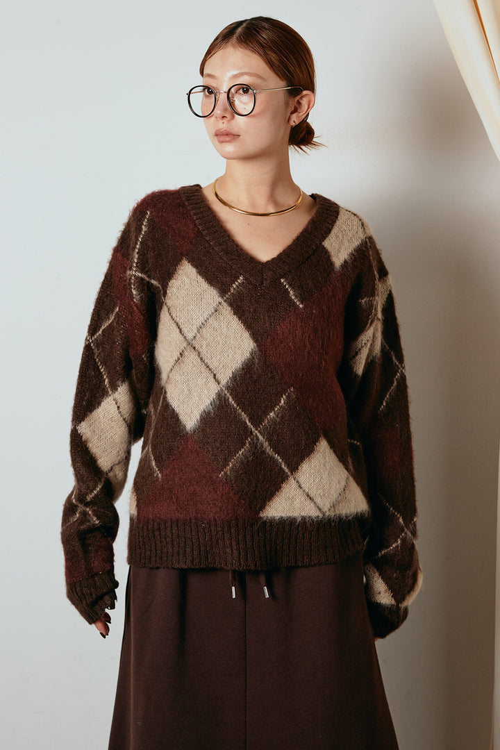 アクリルモヘアアーガイルVネックプルオーバー