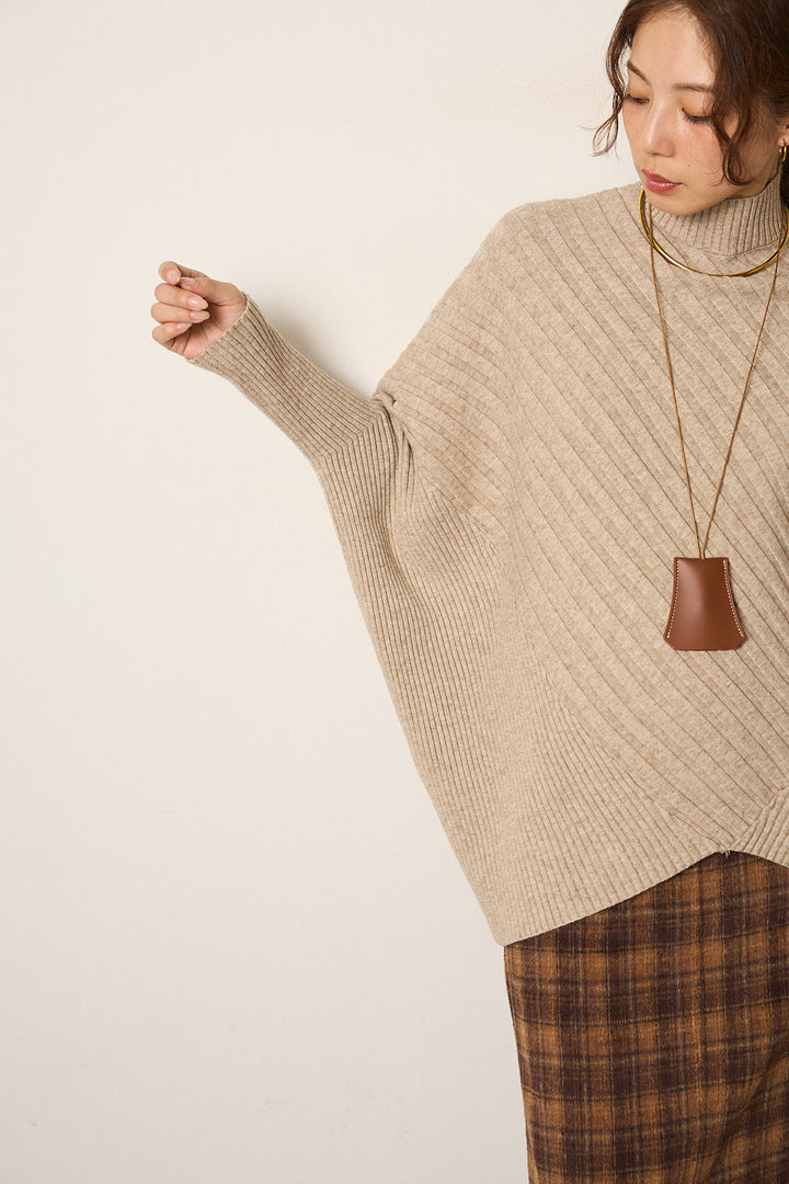 [SET]アシメデザインリブポンチョニットトップス+ウールライクチェックタックパンツ(2set)