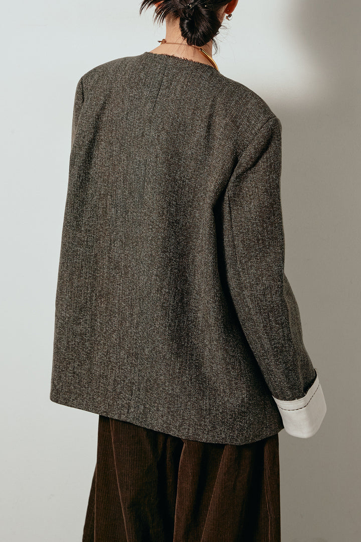 [SET]ノーカラーダブルボタンツイードジャケット+タック入りコーデュロイワイドパンツ(2set)