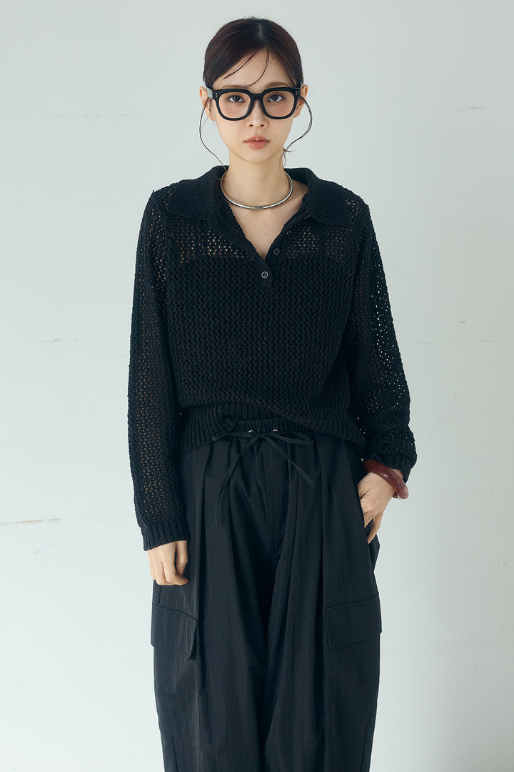 [SET]ミックスメッシュポロニット+麻混タックワイドパンツ(2set)