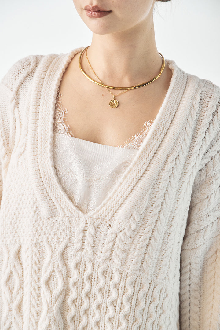 [SET]ケーブルVニットセーター+サテンタックワイドパンツ(2set)