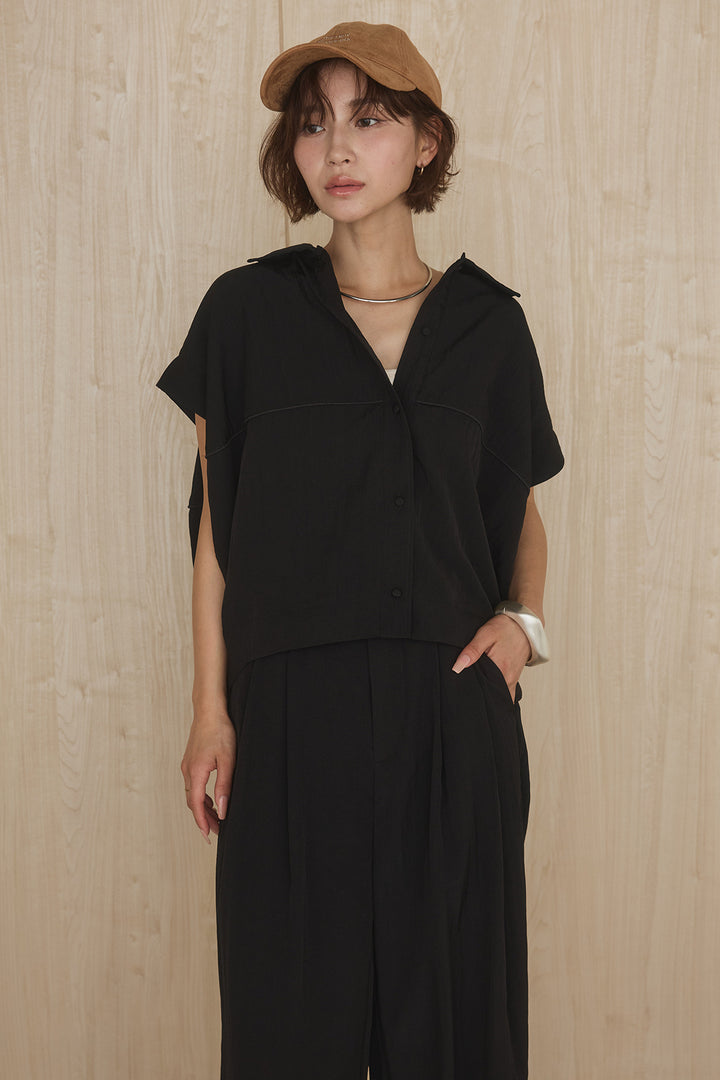 [SET]リネンライクランタンノースリシャツ+リネンライク2タックワイドパンツ(2set)