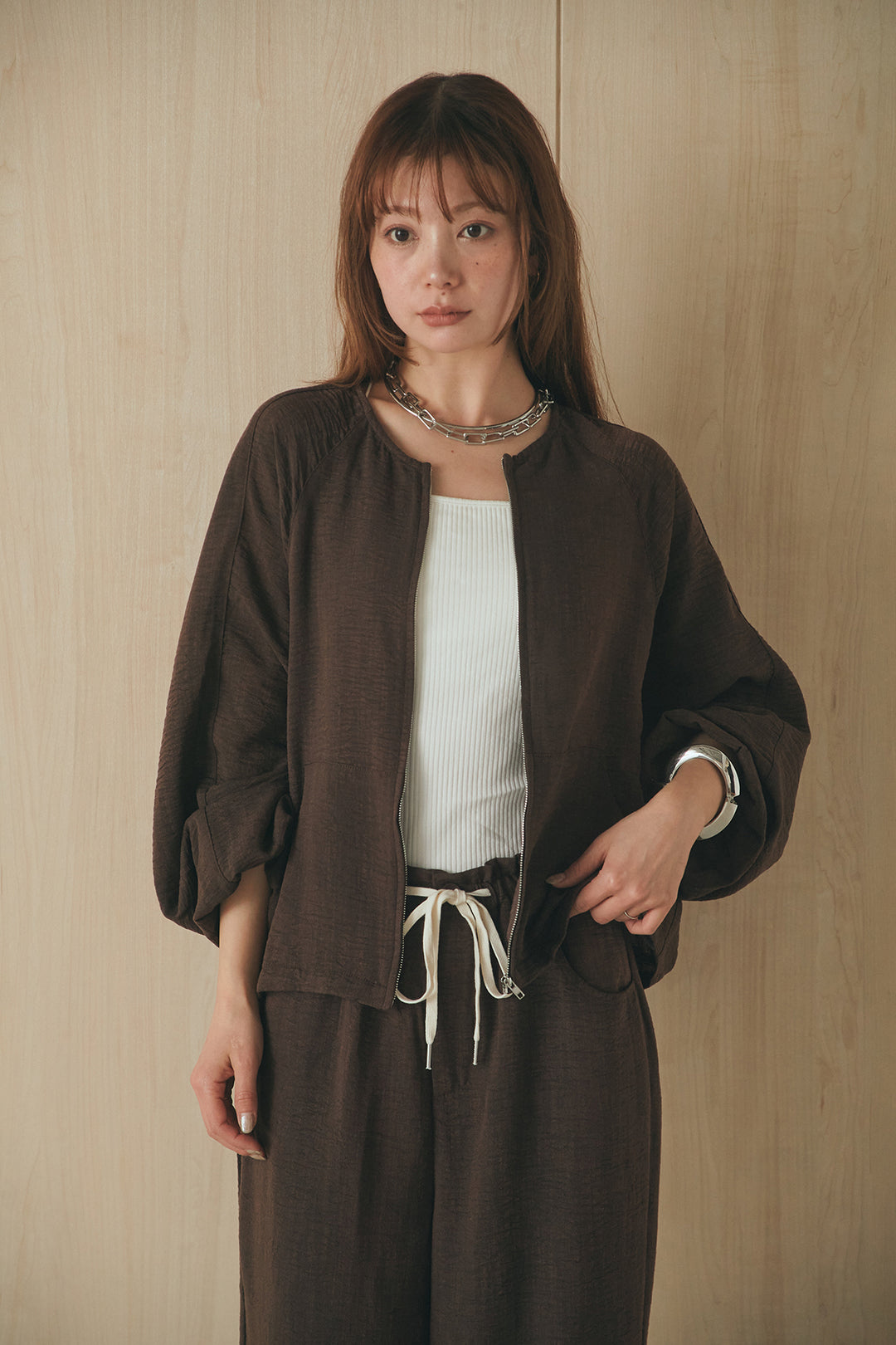 [SET]麻混ノーカラーブルゾン+麻混ウエストドロストパンツ(2set)