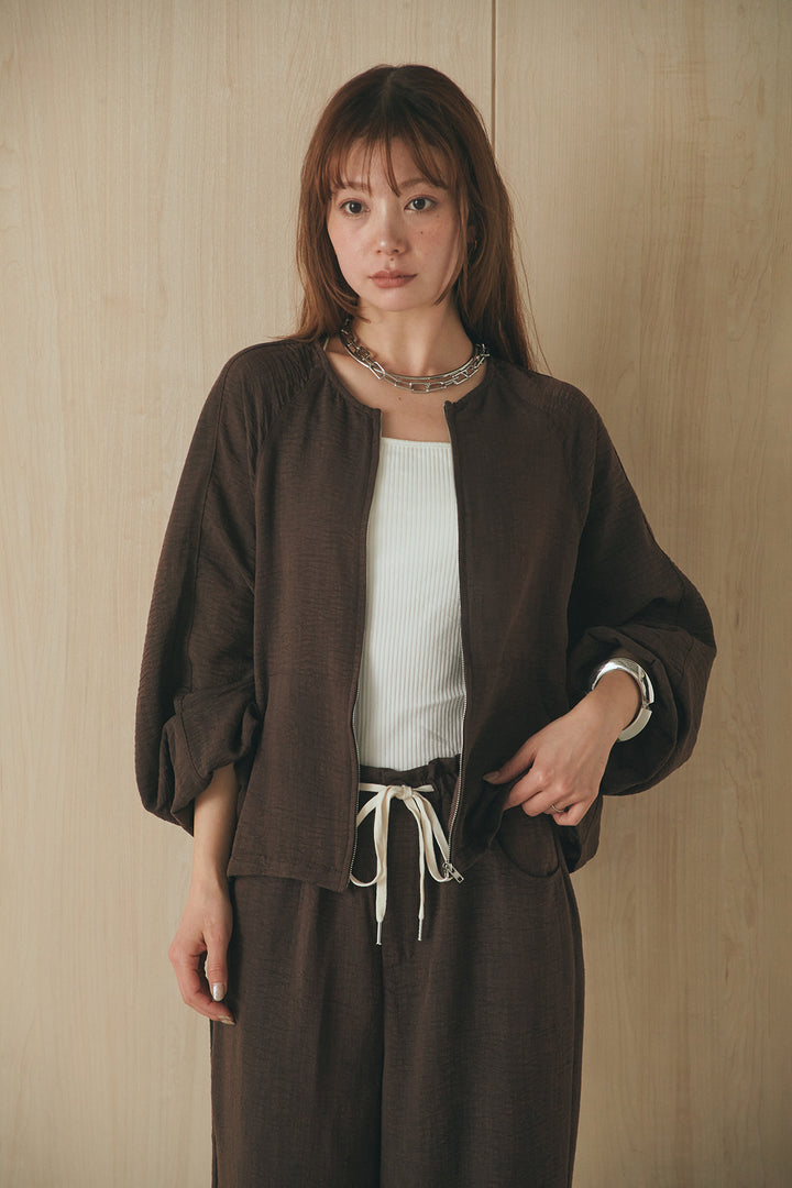 [SET]麻混ノーカラーブルゾン+麻混ウエストドロストパンツ(2set)