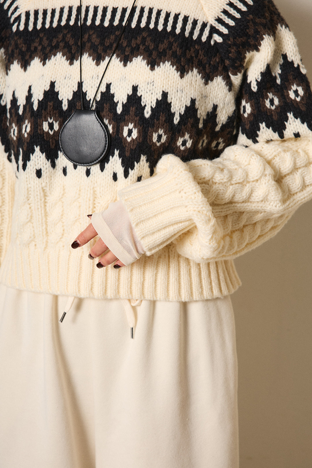 [SET]2WAY求心柄ジャガードショートカーディガン+裏起毛スウェットワイドパンツ+2WAY袖コード刺繍クルーネックプルオーバー(3set)