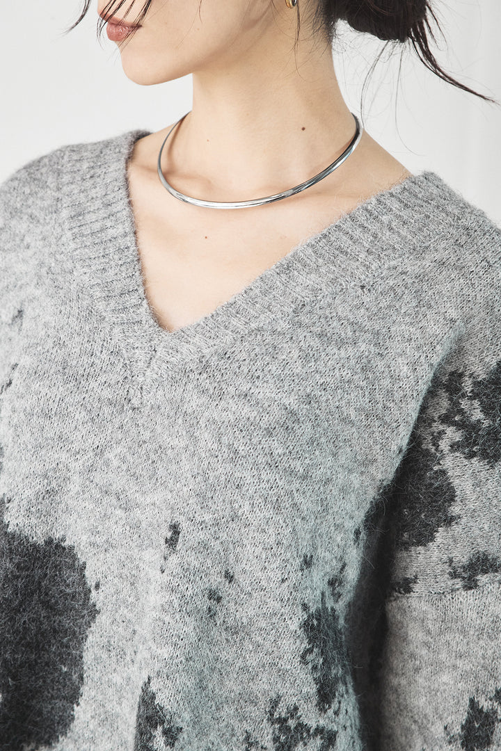 [SET]アブストラクト柄ニットプルオーバー+ベロアロングプリーツスカート(2set)