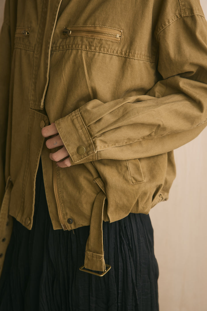 [SET]スタンドカラージップポケットジャケット+フリンジスウェードロングスカート(2set)