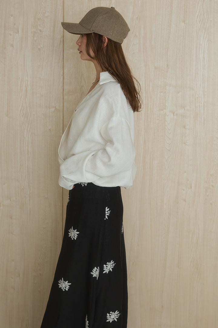 [SET]麻混襟付きトップス+麻混ピンストライプリラックスパンツ(2set)