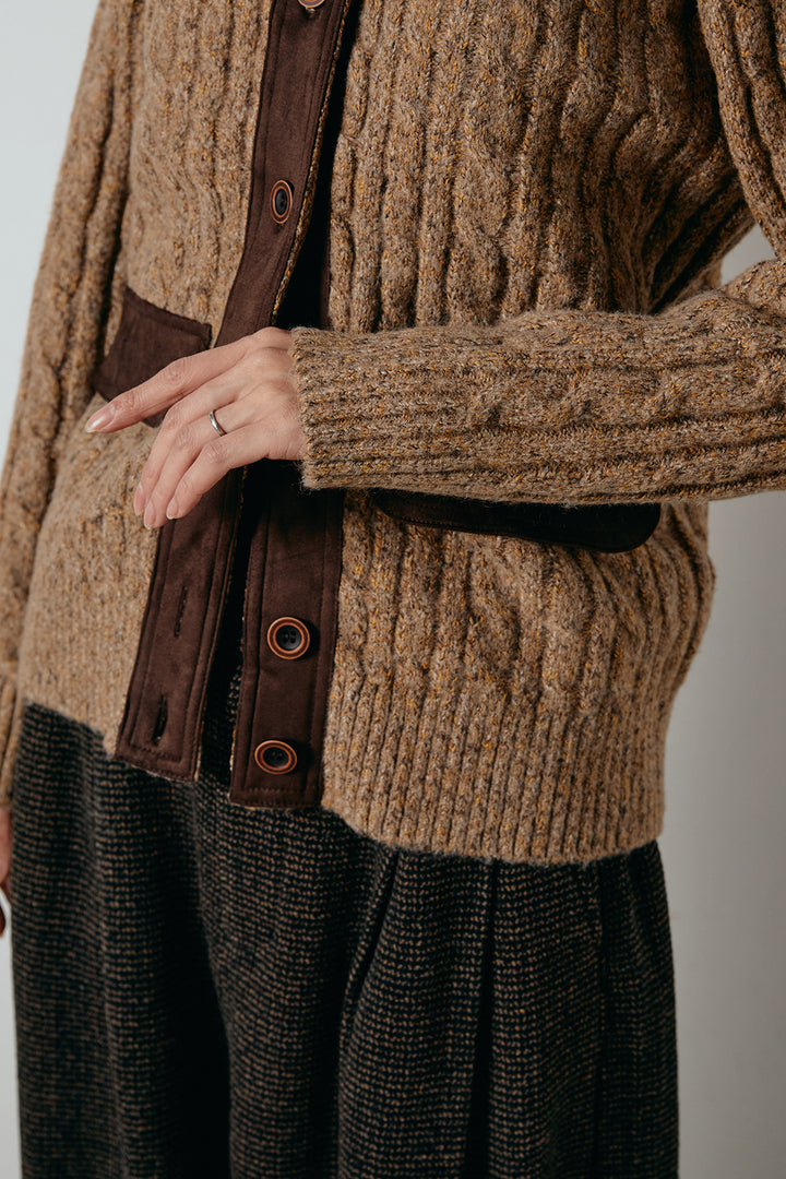 [SET]ボトルネックケーブルニットカーディガン+ベルトループコーデュロイワイドパンツ(2set)