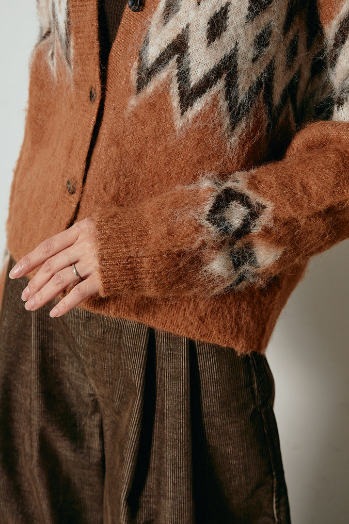 [SET]起毛ノルディック柄ニットカーディガン+太ベルト付きツイードワイドパンツ(2set)