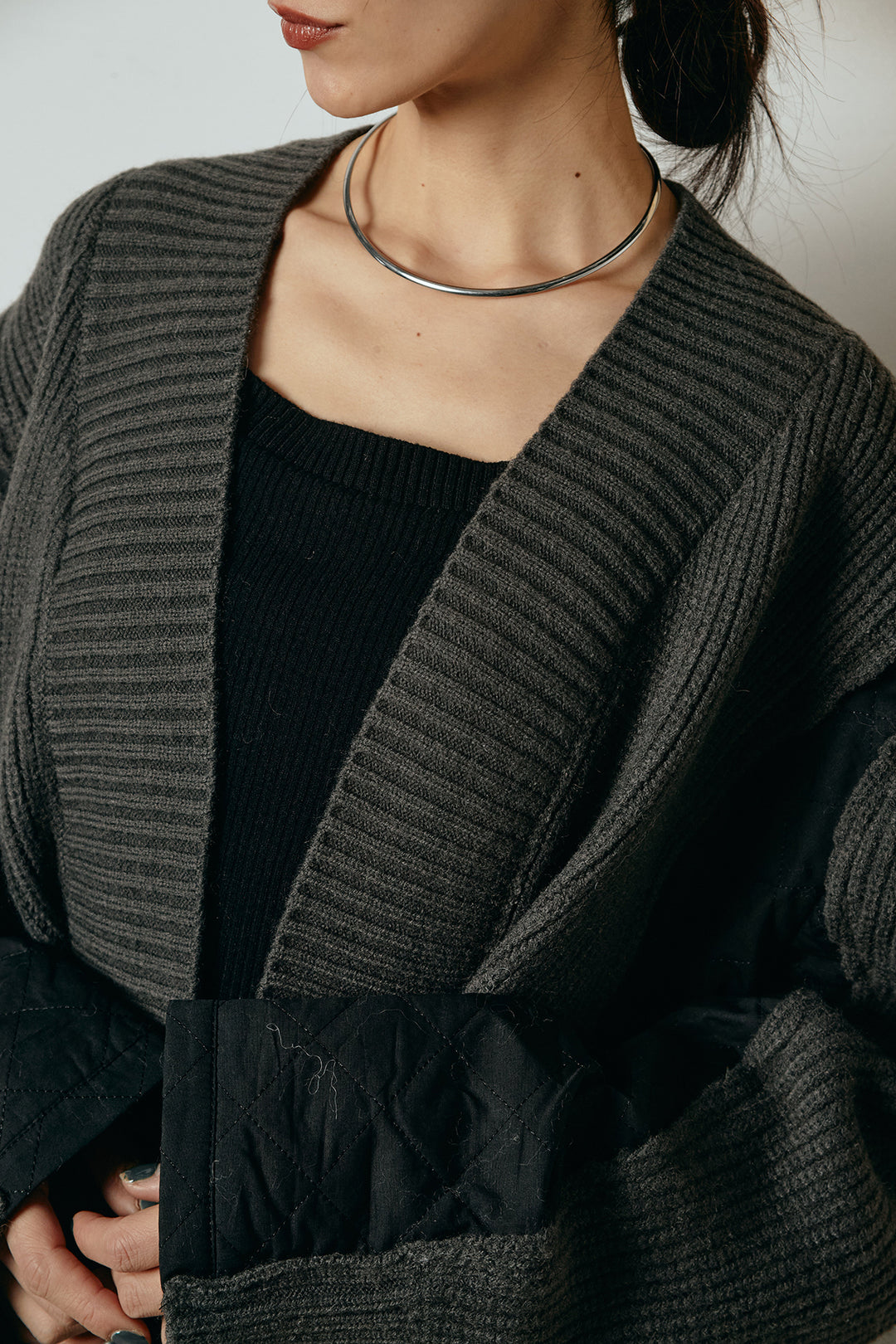 [SET]キルティング切り替えニットカーディガン+ベルト付きタータンチェックカーブワイドパンツ(2set)