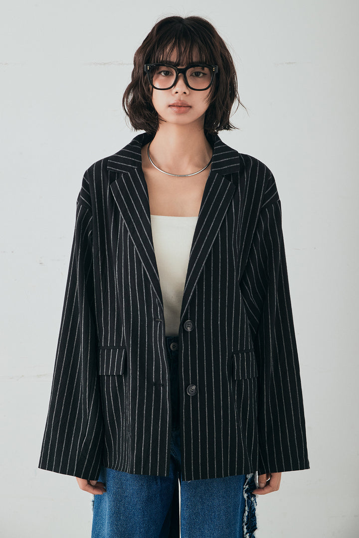 [SET]リネンライクストライプテーラードジャケット+リネンライクストライプタックイージーパンツ+サテンレースアシメキャミ(3set)