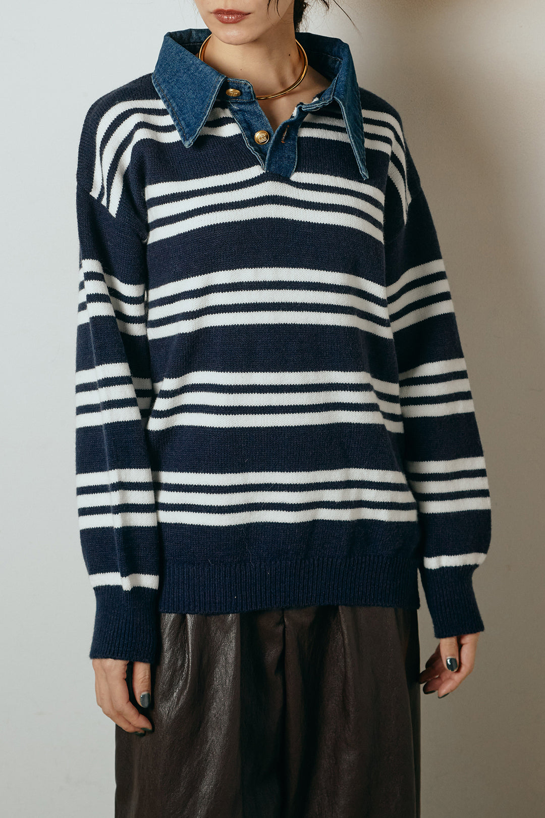 [SET]デニムレイヤード風ランダムボーダーニットプルオーバー+ベルト付きレザーライクタックパンツ(2set)