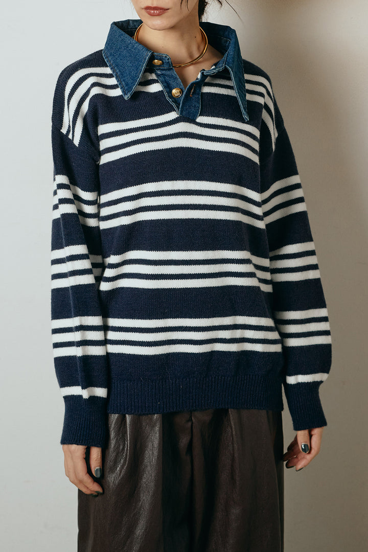 [SET]デニムレイヤード風ランダムボーダーニットプルオーバー+ベルト付きレザーライクタックパンツ(2set)