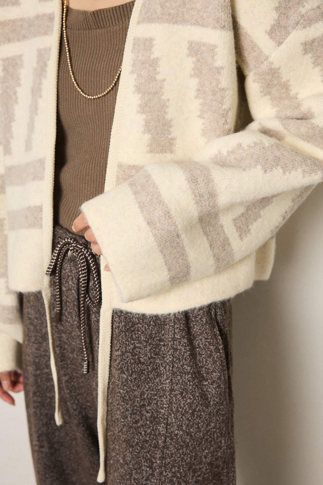 [SET]幾何学柄ノーカラーカーディガン+杢ニットフレアパンツ(2set)