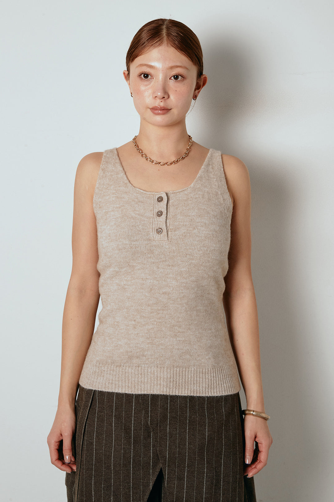 [SET]襟付きレイヤードニットトップス+細ストライプレイヤードデザインパンツ(2set)