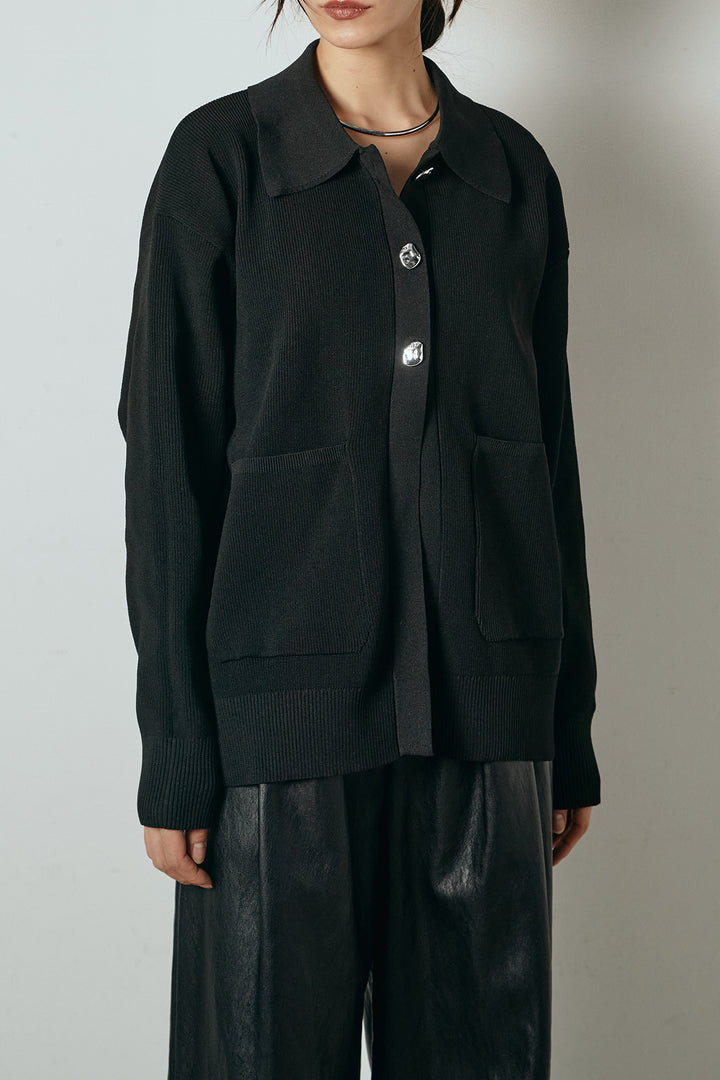 [SET]メタル釦衿付きニットカーディガン+ベルト付きレザーライクタックパンツ(2set)