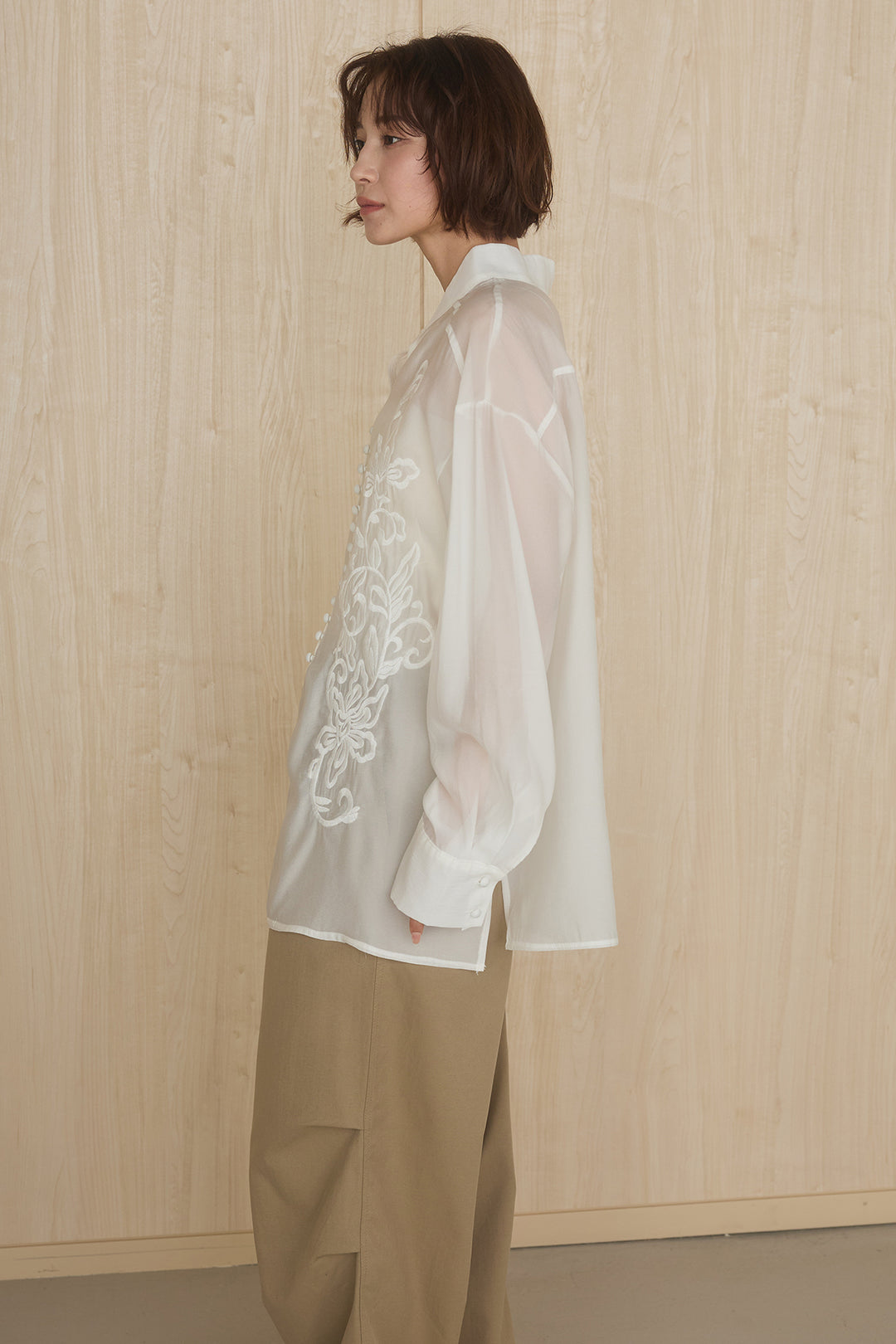 [SET]フロントボタンニュアンス柄ブラウス+ニーサイドタックウエストドロストパンツ(2set)