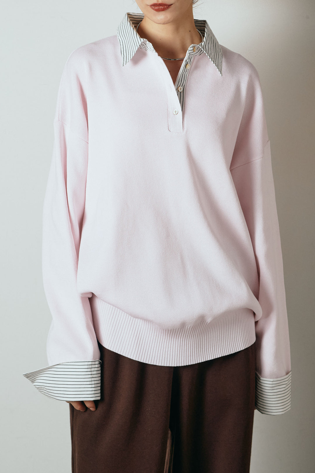 [SET]ストライプシャツドッキングポロトップス+裏起毛スウェットワイドパンツ(2set)