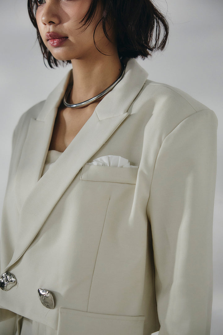 [SET]メタルプレートショート丈ジャケット+メタルプレートタックワイドパンツ(2set)