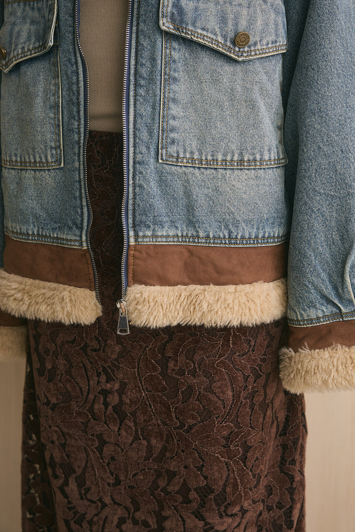 [SET]ファーコンビスタンドカラーデニムコート+リーフ柄ベロアレーススカート(2set)