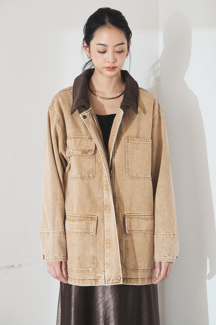 [SET]襟コーデュロイジップデニム調カバーオール+レオパードサテンナロースカート(2set)