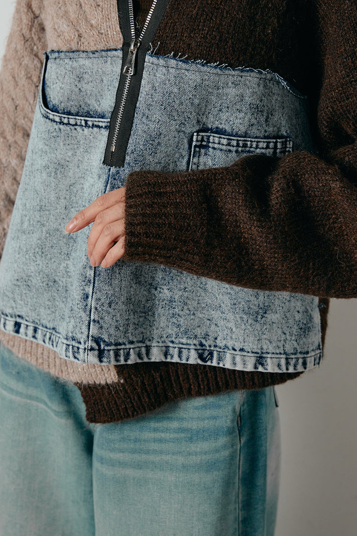 [SET]ハーフジップニットデニムドッキングトップス+ウエストダブルボタンワイドデニムパンツ(2set)