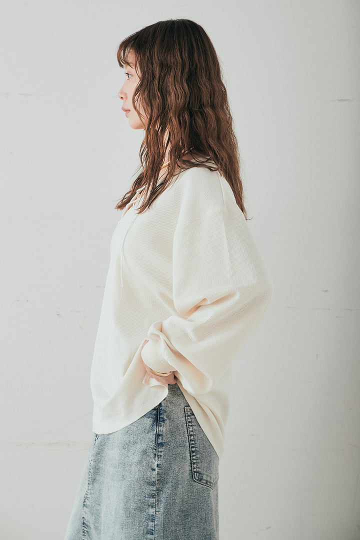 [SET]レースアップワッフルボーダートップス+ウエストクロスデニムタイトスカート(2set)