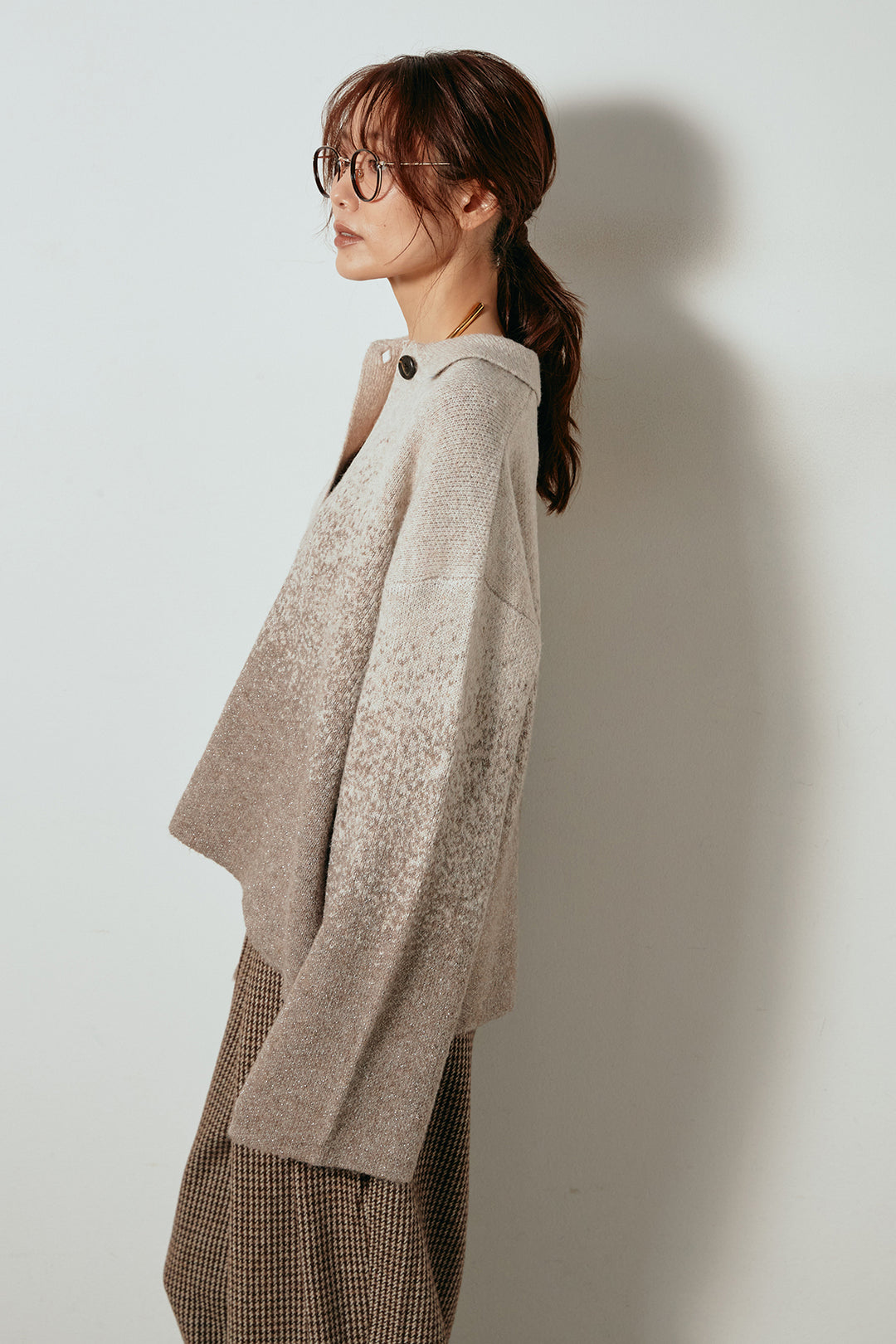 [SET]グラデーションラメニットキーネックプルオーバー+ストライプヘリンボーンパンツ(2set)