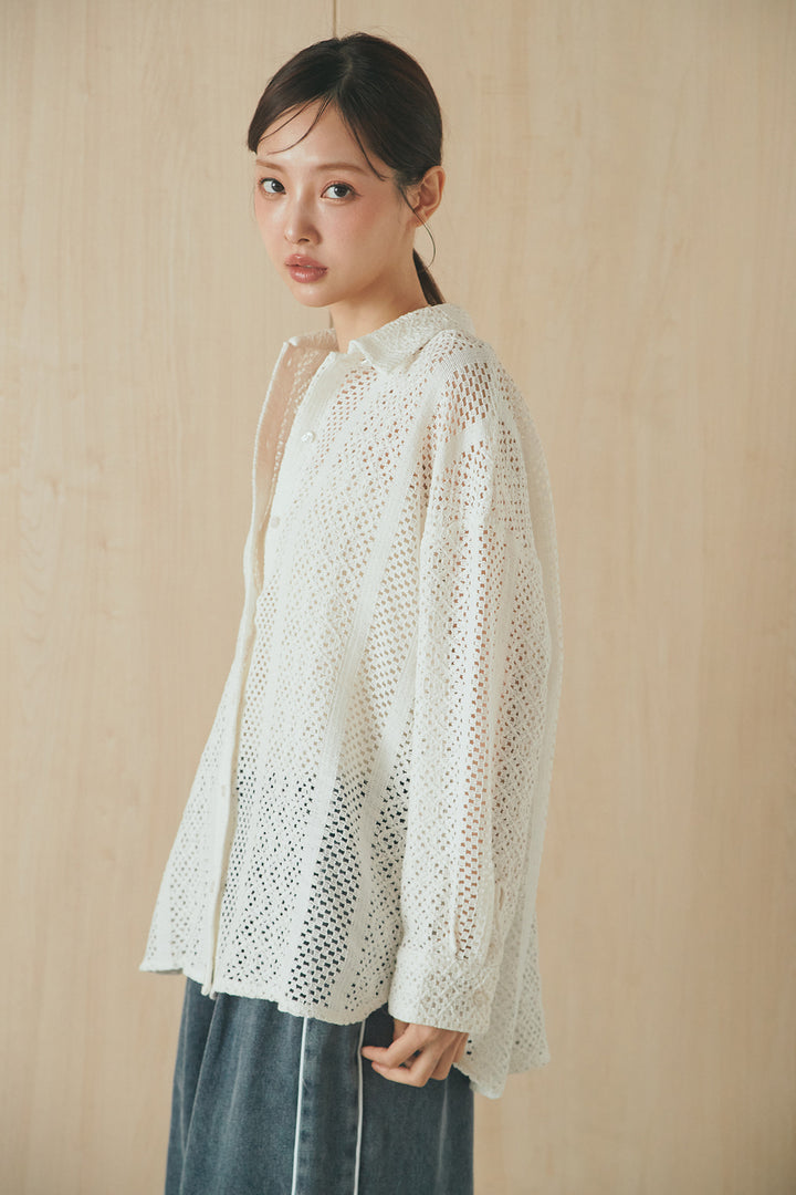 [SET]長袖襟付きレースシャツ+ポケットタックフォルムパンツ(2set)