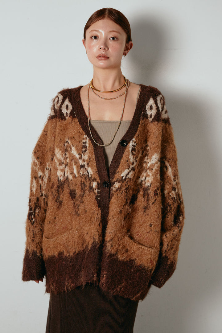 [SET]シャギーニュアンス柄ニットカーディガン+裏起毛スウェットワイドパンツ(2set)