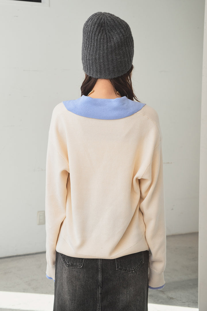 [SET]バイカラーニットレイヤード風プルオーバー+サイドベルトタック入りスラックス(2set)