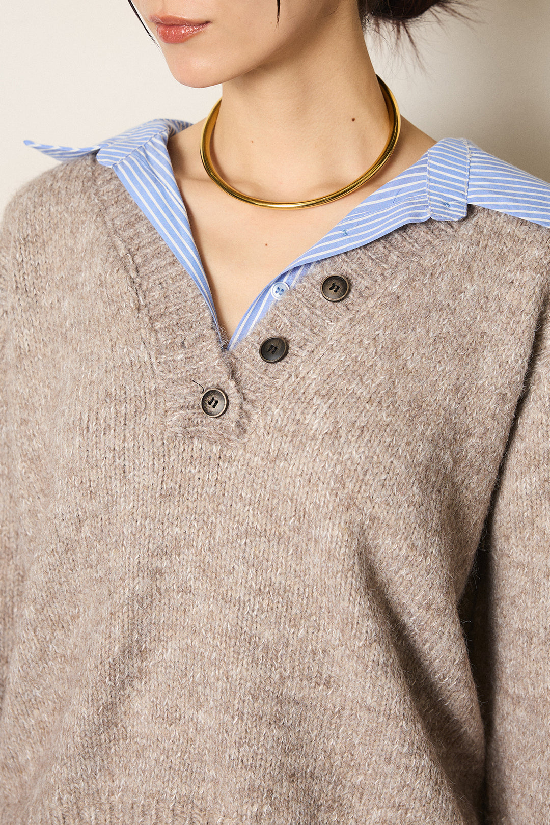 [SET]ストライプシャツドッキングニットポロトップス+デニムロングフレアスカート(2set)