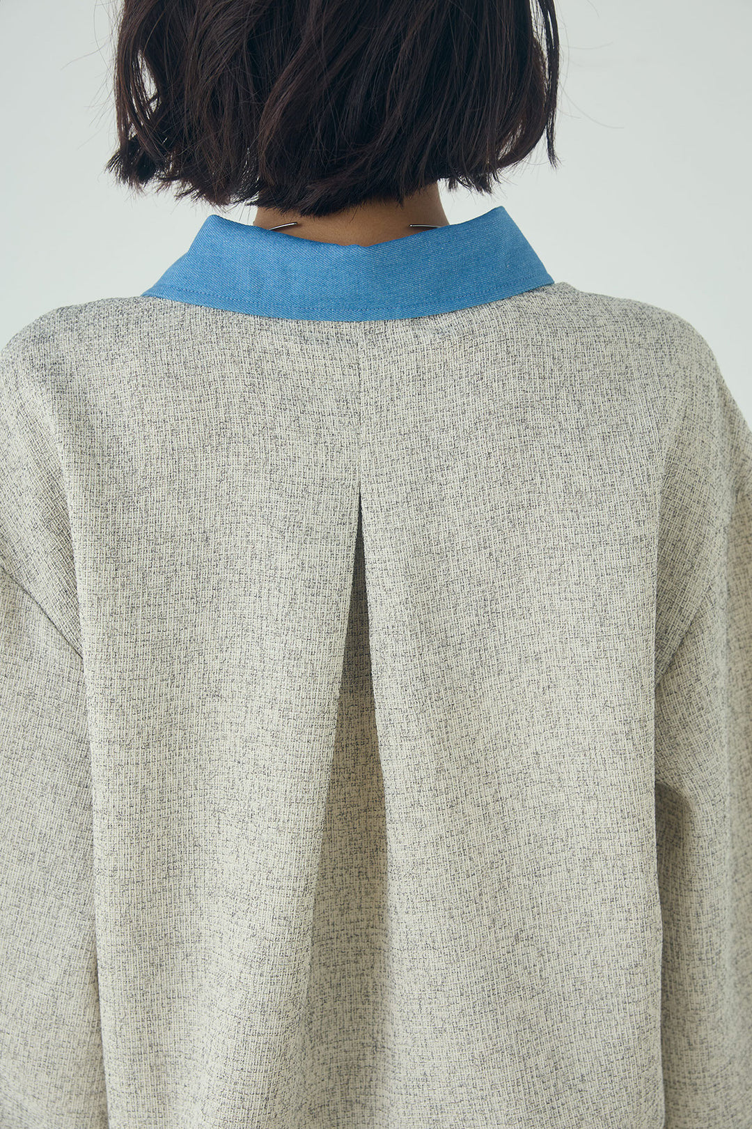 [SET]ツイード×デニムショート丈シャツ+ツイード×デニムハイウエストラインロングパンツ(2set)