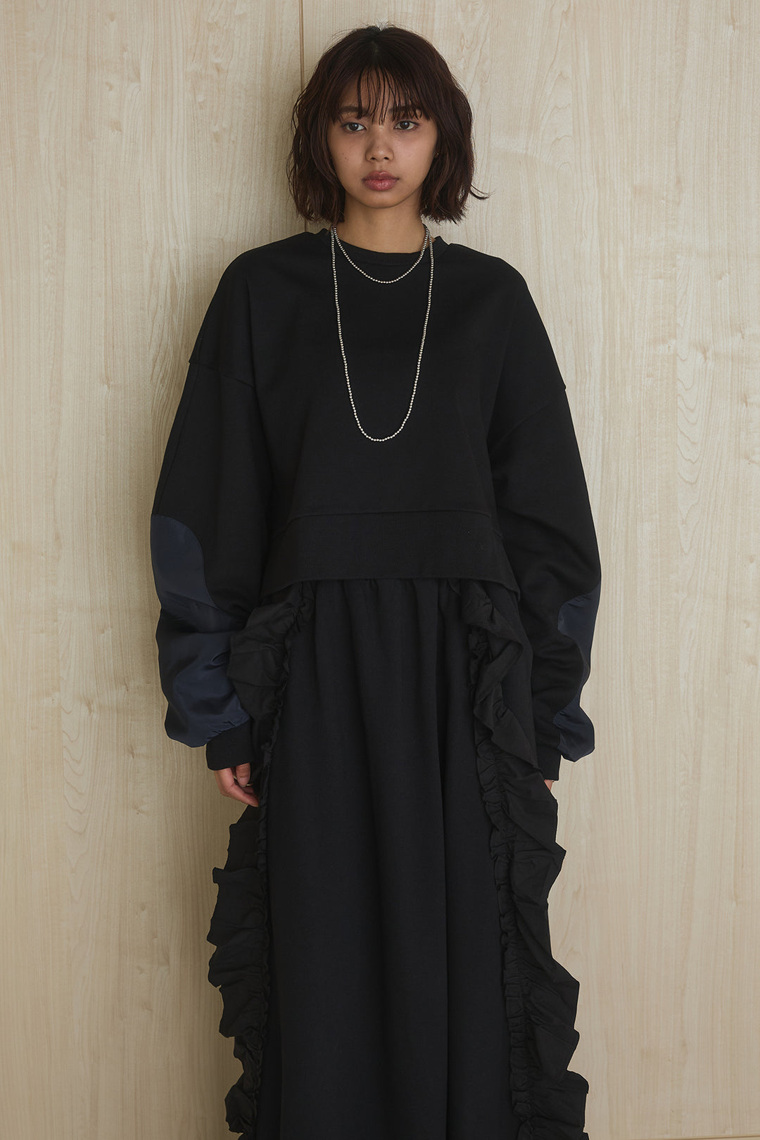 [SET]アームパッチスウェットプルオーバー+ビッグフリルスウェットロングスカート(2set)