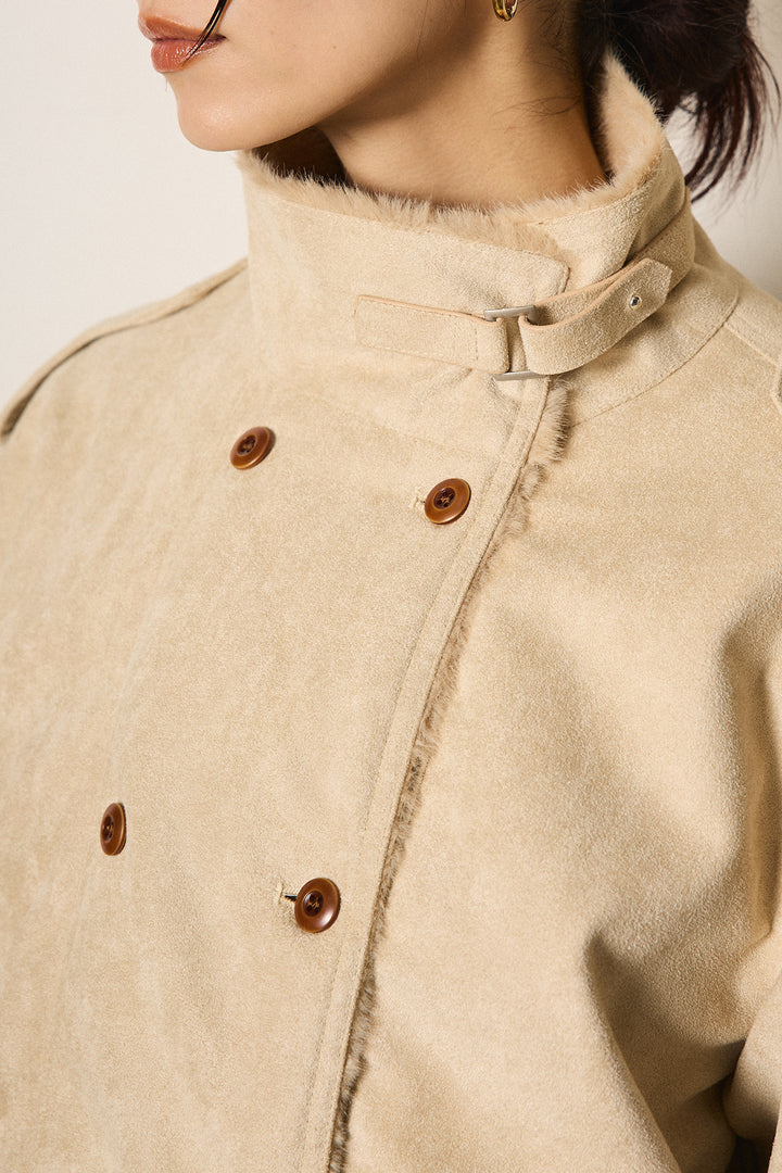 [SET]スタンド襟スウェードライクアウター+スタッズデザインベルトタータンチェックパンツ(2set)