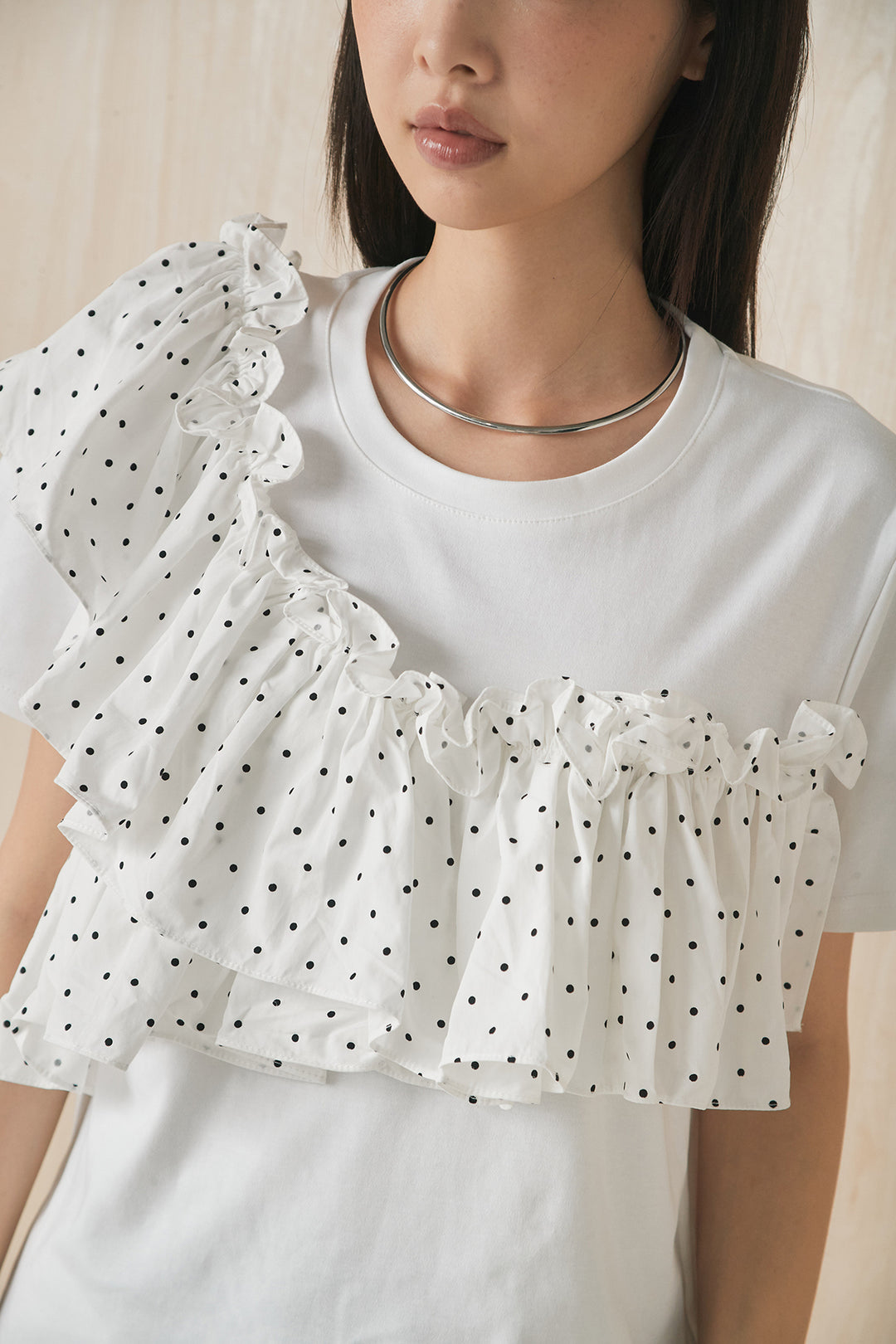 ドットアシメフリルデザインTシャツ