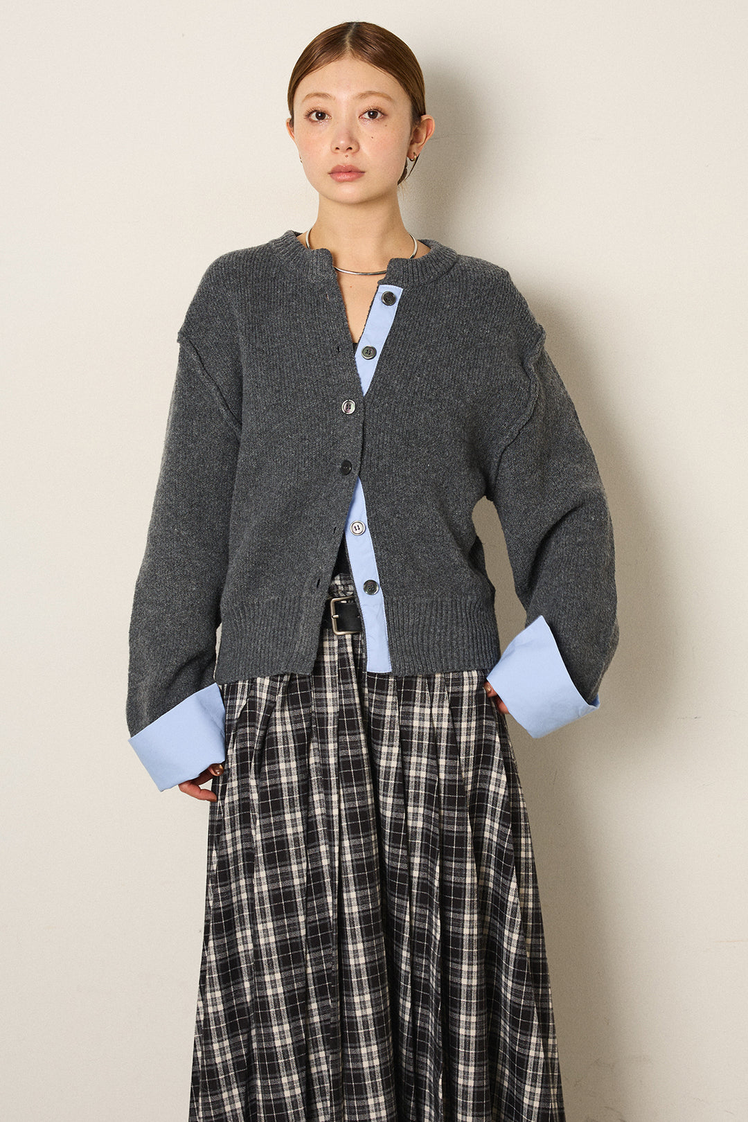 [SET]シャツドッキングニットカーディガン+ベルト付きタータンチェックプリーツスカート(2set)