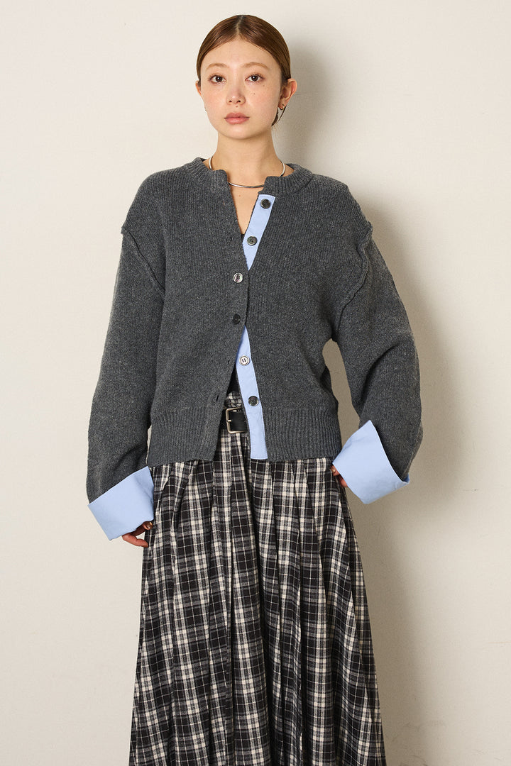 [SET]シャツドッキングニットカーディガン+ベルト付きタータンチェックプリーツスカート(2set)