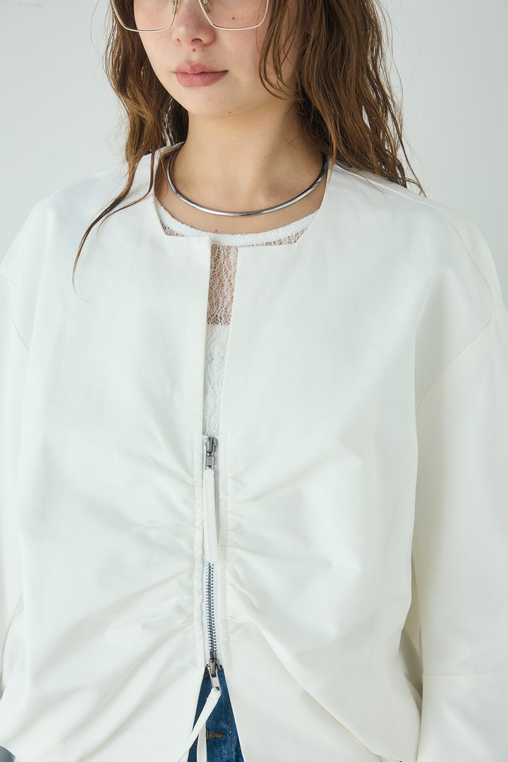 [SET]ノーカラーフロントギャザージップアウター+斜めボタンタック入りスラックス(2set)