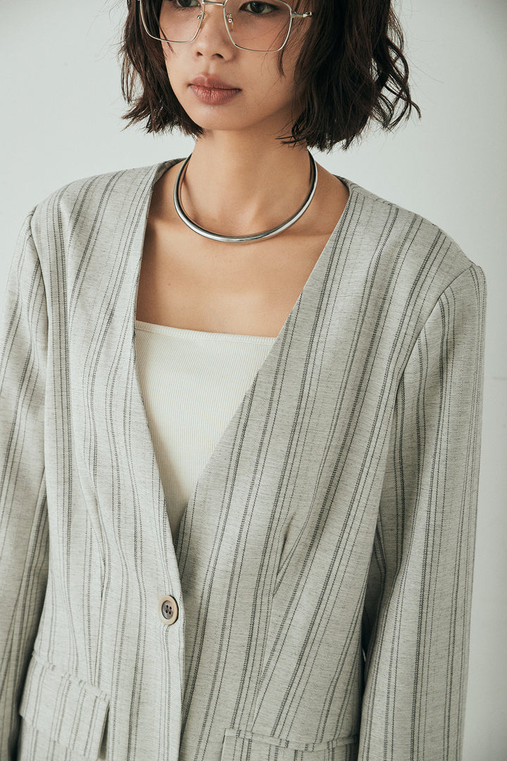 [SET]ノーカラーピンストライプジャケット+ピンストライプワイドスラックス(2set)