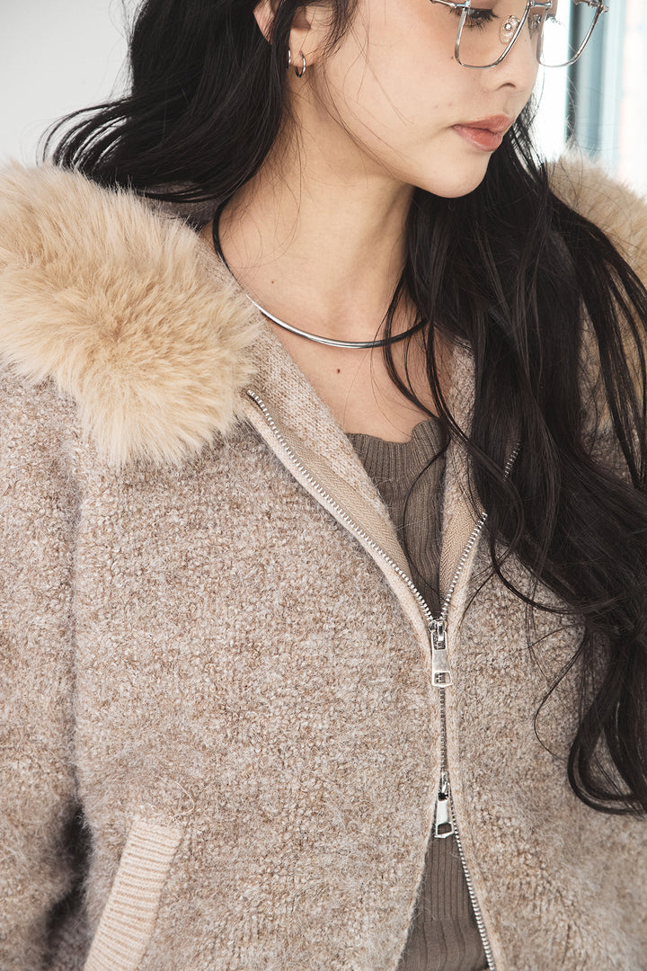 エコファーフーディーダブルジップニットトップス