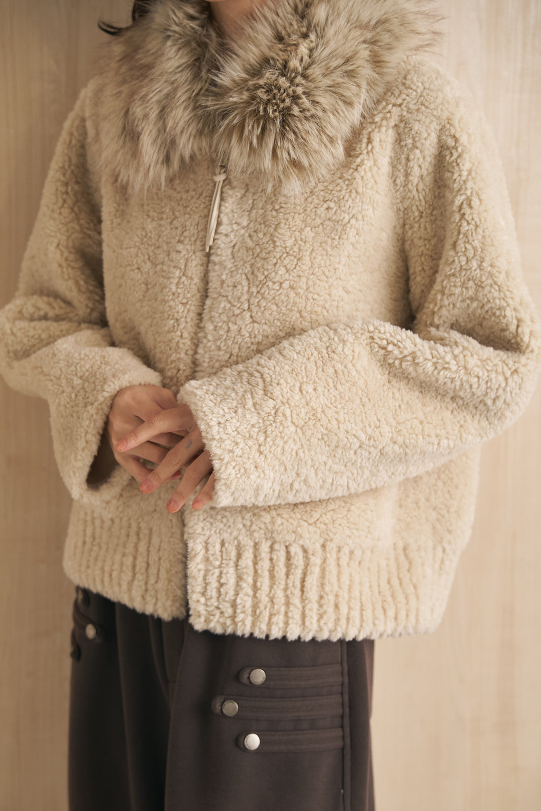[SET]ブークレファーカラーダブルジップアウター+サイドスタッズデニムパンツ(2set)