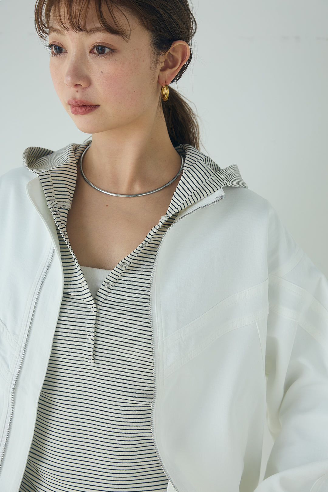 [SET]マルチ切り替えドルマンブルゾン+ランダムタックデザインワイドパンツ+ボーダーフーディーロンT(3set)