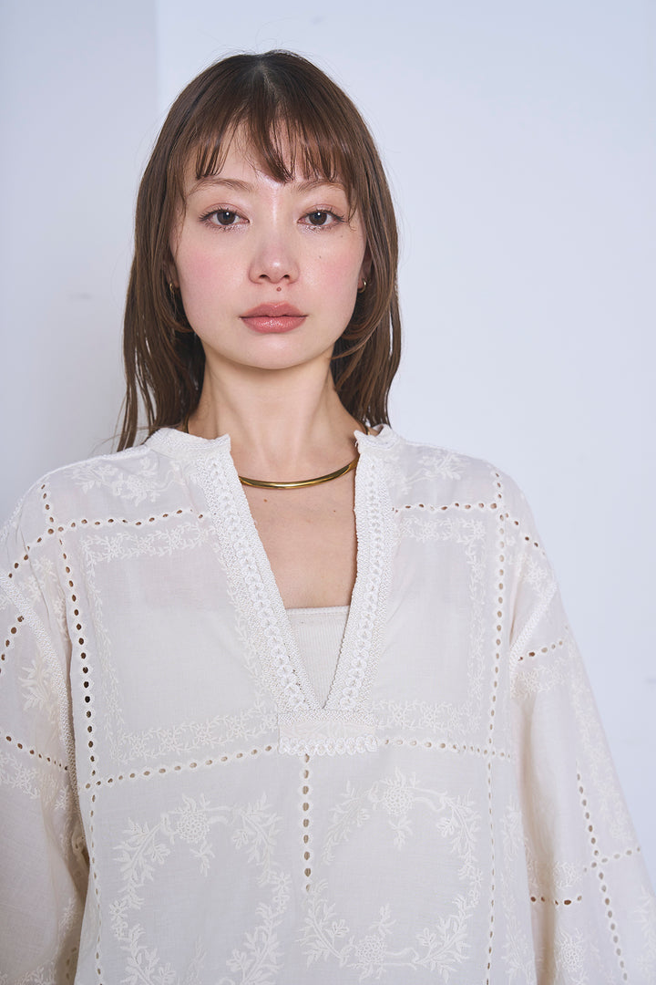 [SET]深V刺繍柄ブラウス+リネンブレンドロングナロースカート(2set)