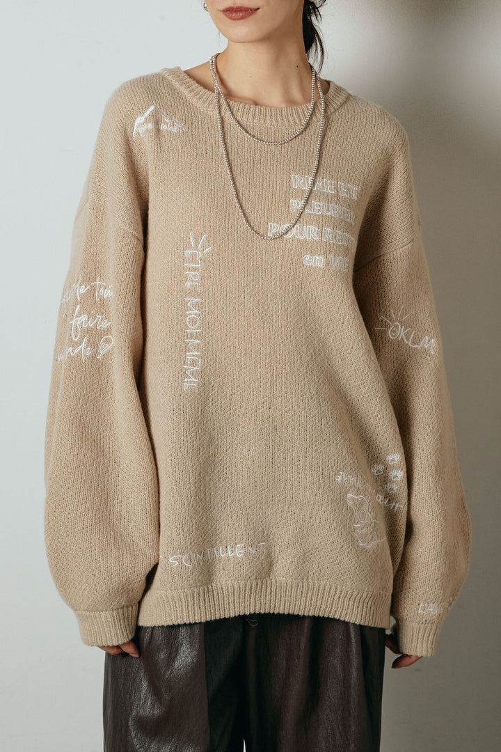 【即納】刺繍ロゴランダムデザインニットトップス