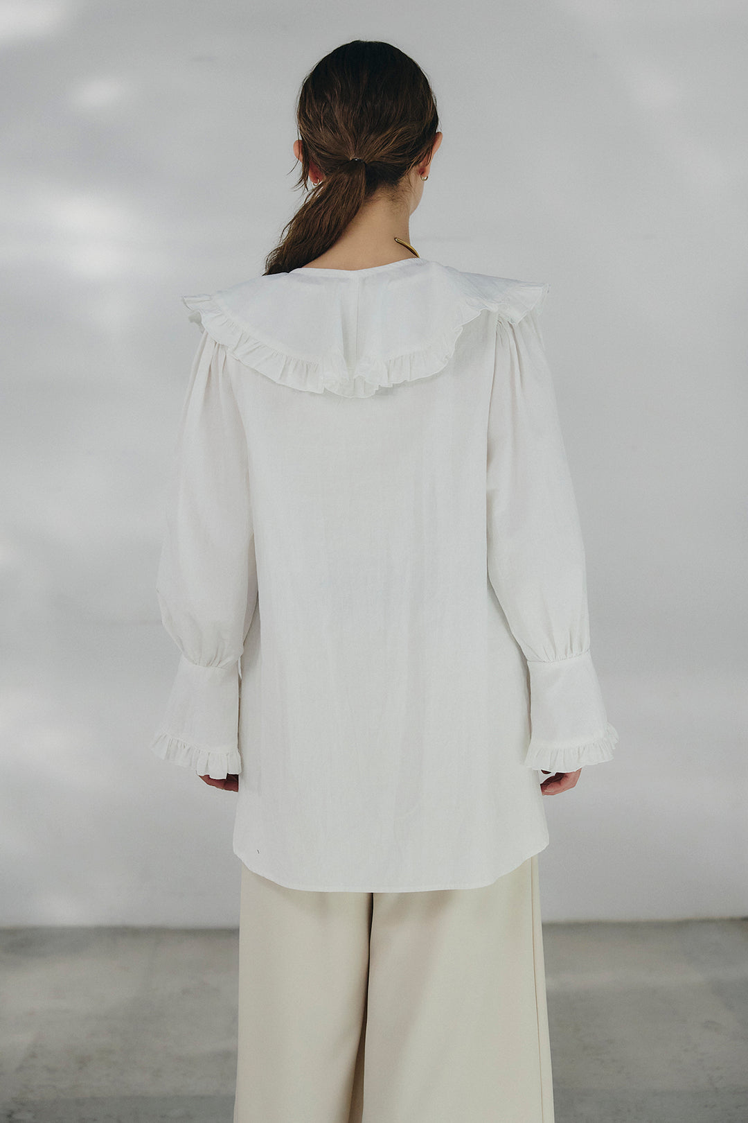 [SET]コットンフリルブラウス+ベルト付きタックデザインハイウエストロングパンツ(2set)