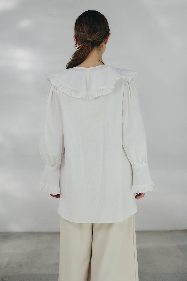 [SET]コットンフリルブラウス+ベルト付きタックデザインハイウエストロングパンツ(2set)