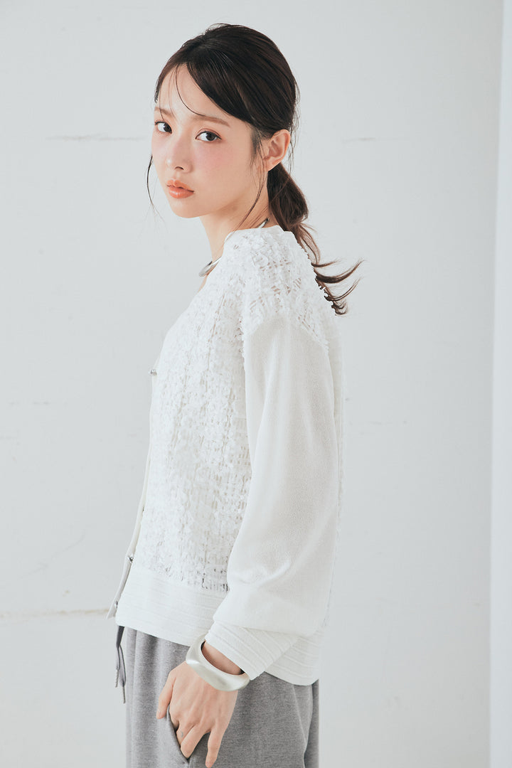 [SET]モコレースVネックカーディガン+カットダンボールウエストフリルカーブパンツ(2set)